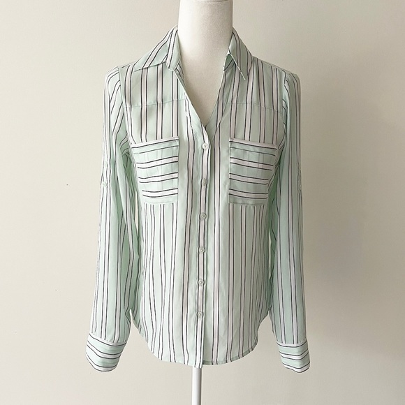 Express | Mint Striped Button Down Roll Tab Portofino Blouse - Picture 1 of 14